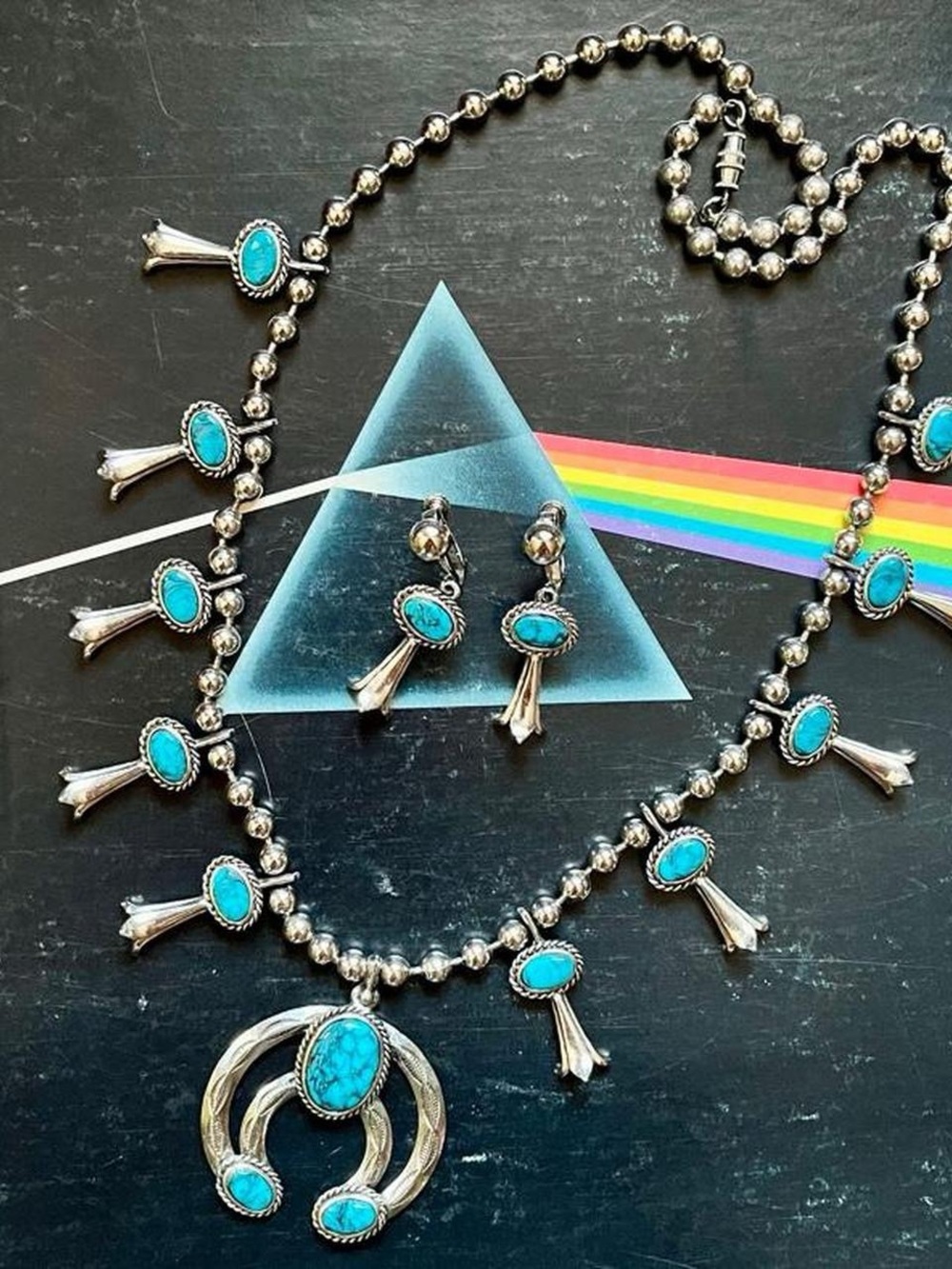 Turquoise Navajo-Style Squash Blossom Necklace and Earrings Set